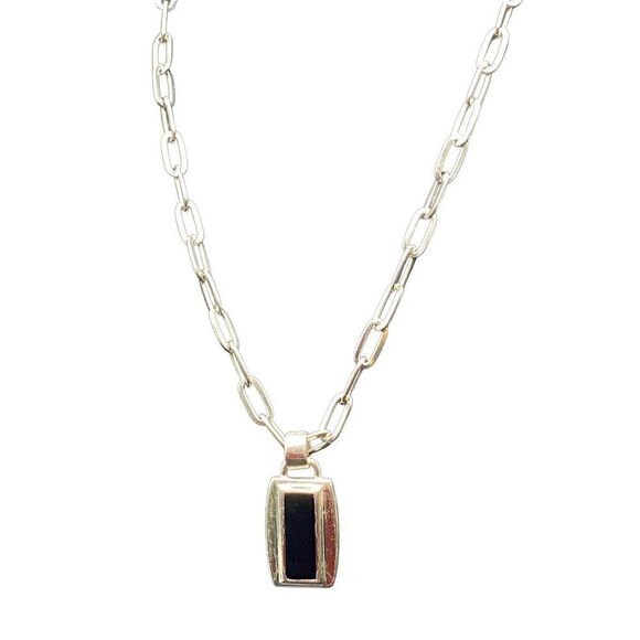 Silvertone paper clip chain with silver and black rectangular pendant - Picture 1 of 5